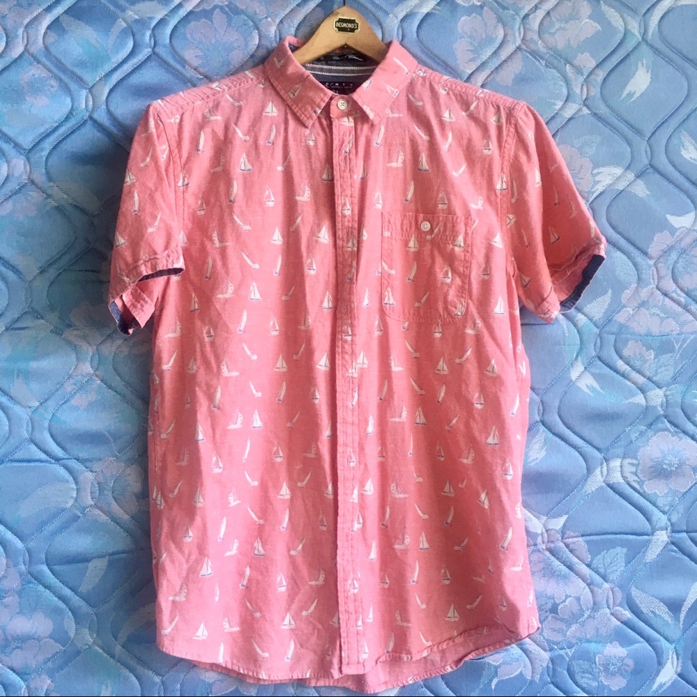 Pink Sailboat Printer Short Sleeve Button Up